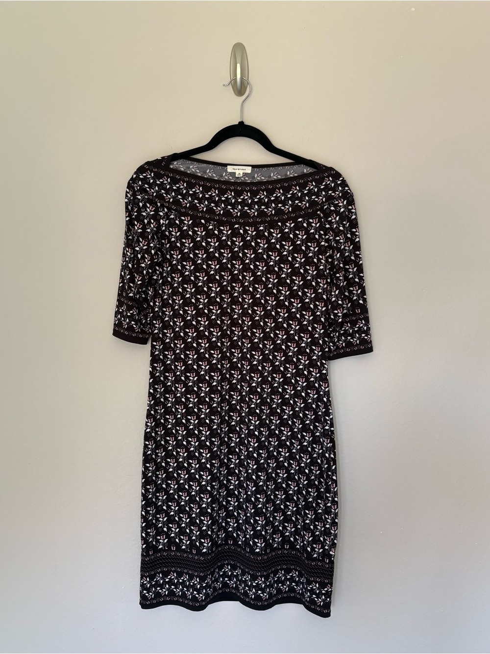 Max Studio Black Pink Floral Print Shift Dress Elbow Sleeve Career Office - M